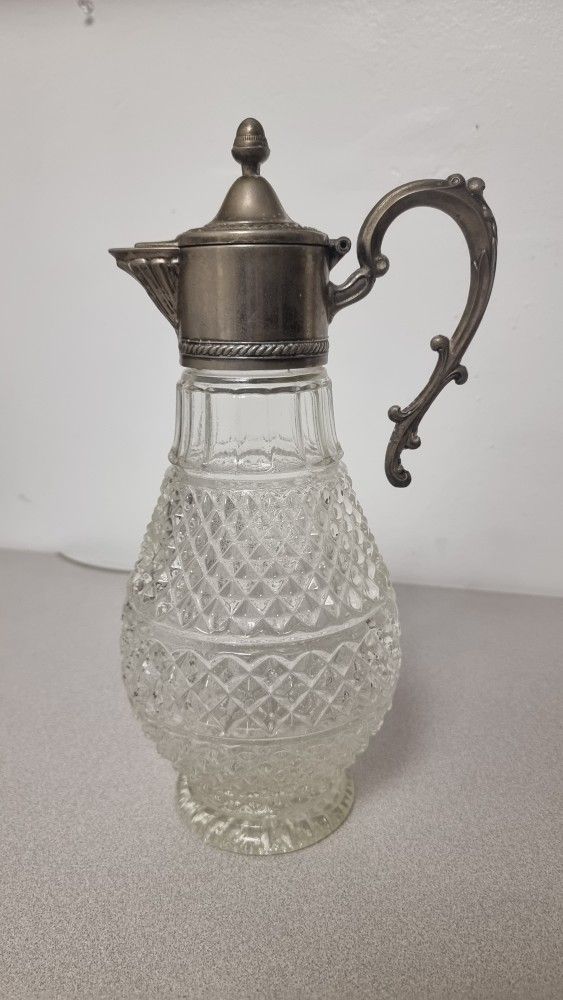 Vintage Pressed Glass Claret Jug with Ornate Metal Lid & Handle – 10"