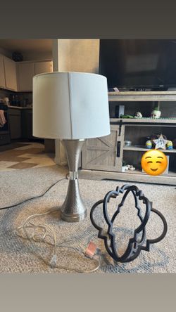 Hammered Metal Table Lamp with White Shade and Large Sphere Decor