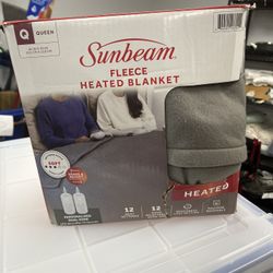 BRAND NEW - Sunbeam Electric Heated Bed Blanket Gray Soft Brushed Fleece - Queen