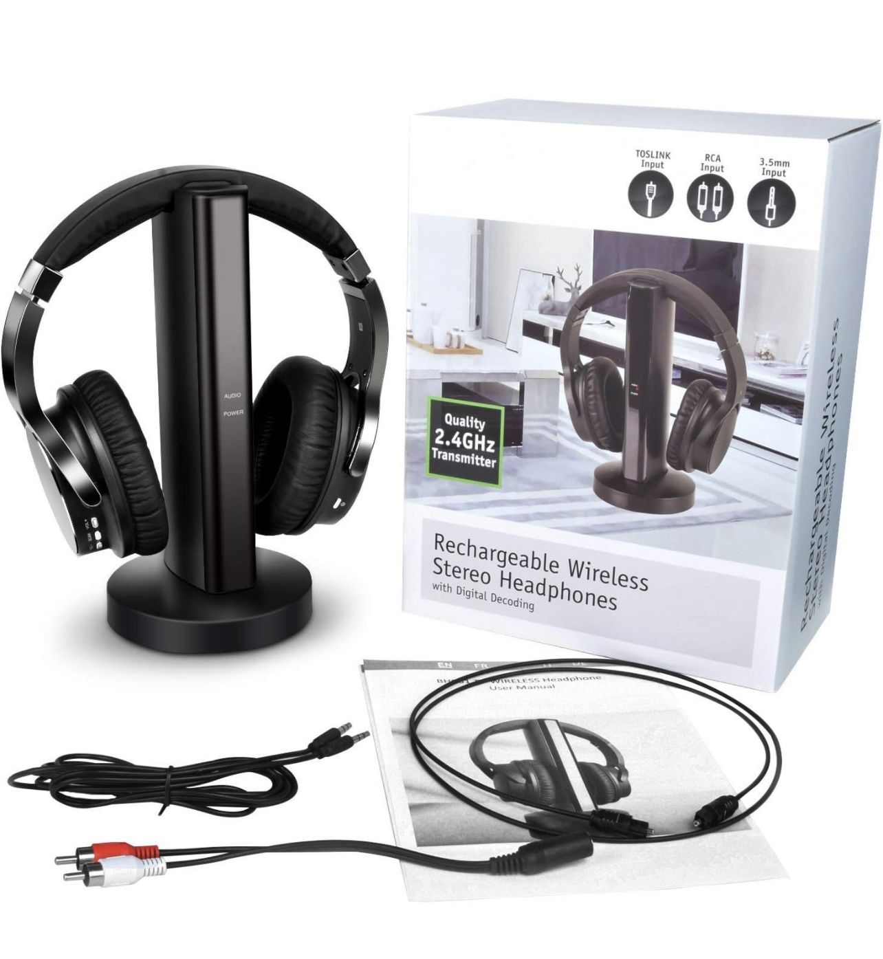 Rybozen Wireless TV Headphones with 2.4G Digital RF Transmitter, Hi-Fi Over-Ear Cordless Headset with RCA / 3.5MM / Optical Port, for Watching Home TV
