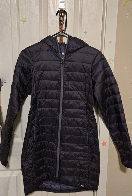 REI Co-op Purple XS Long Puffer Jacket.