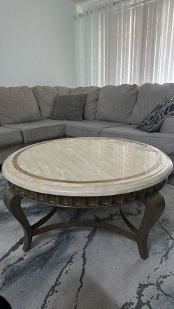 Elegant Round Coffee Table – Marble Look Top with Metal Base – Luxury Living Room Accent