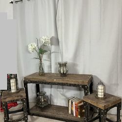 3 Piece Rustic Industrial Style Accent Tables / Entry Console With 2 Stools/ End Tables