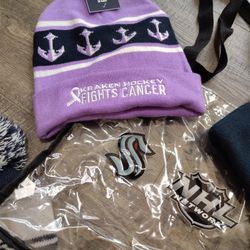 Available are 4) SEATTLE KRAKEN Beanies & Clear bag