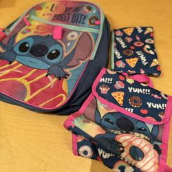 Disney Stitch Girls Backpack With Lunch Pack And Mini Purse Storage 