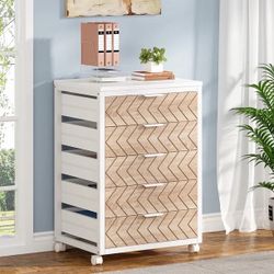 Finmind Modern 5-Drawer Dresser for Bedroom, Small Portable Chest of Drawers with Wheels and Metal Frame for Living Room, Beige & White