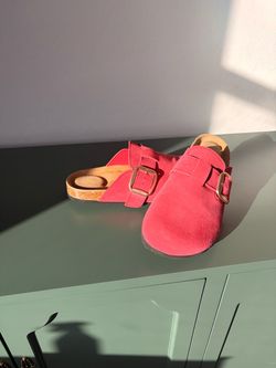 Red Suede Buckle Clogs Project Cloud
