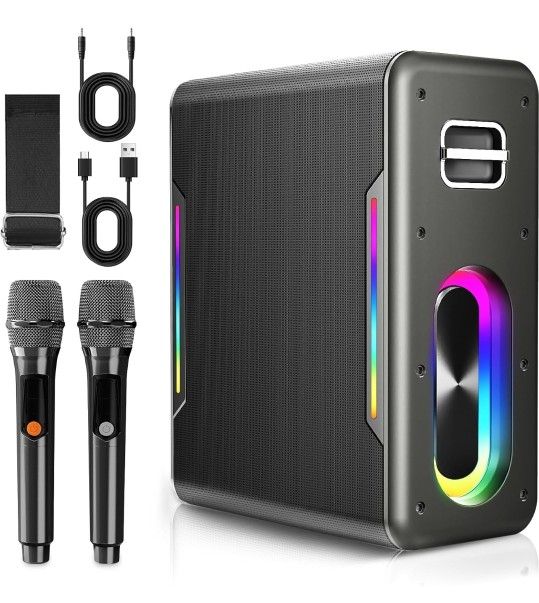 Karaoke Machine with 2 Wireless Microphones Portable Bluetooth Karaoke Machine for Adults Kids DSP Chip Karaoke Speaker with LED Lights Supports TWS 