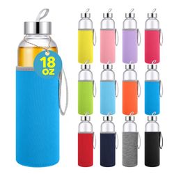 (8888-7) Vesici 12 Set 18 oz Clear Glass Water Bottles, Reusable Glass Juicing Bottles with Protection Sleeve and Stainless Steel Leak Proof Lids for 