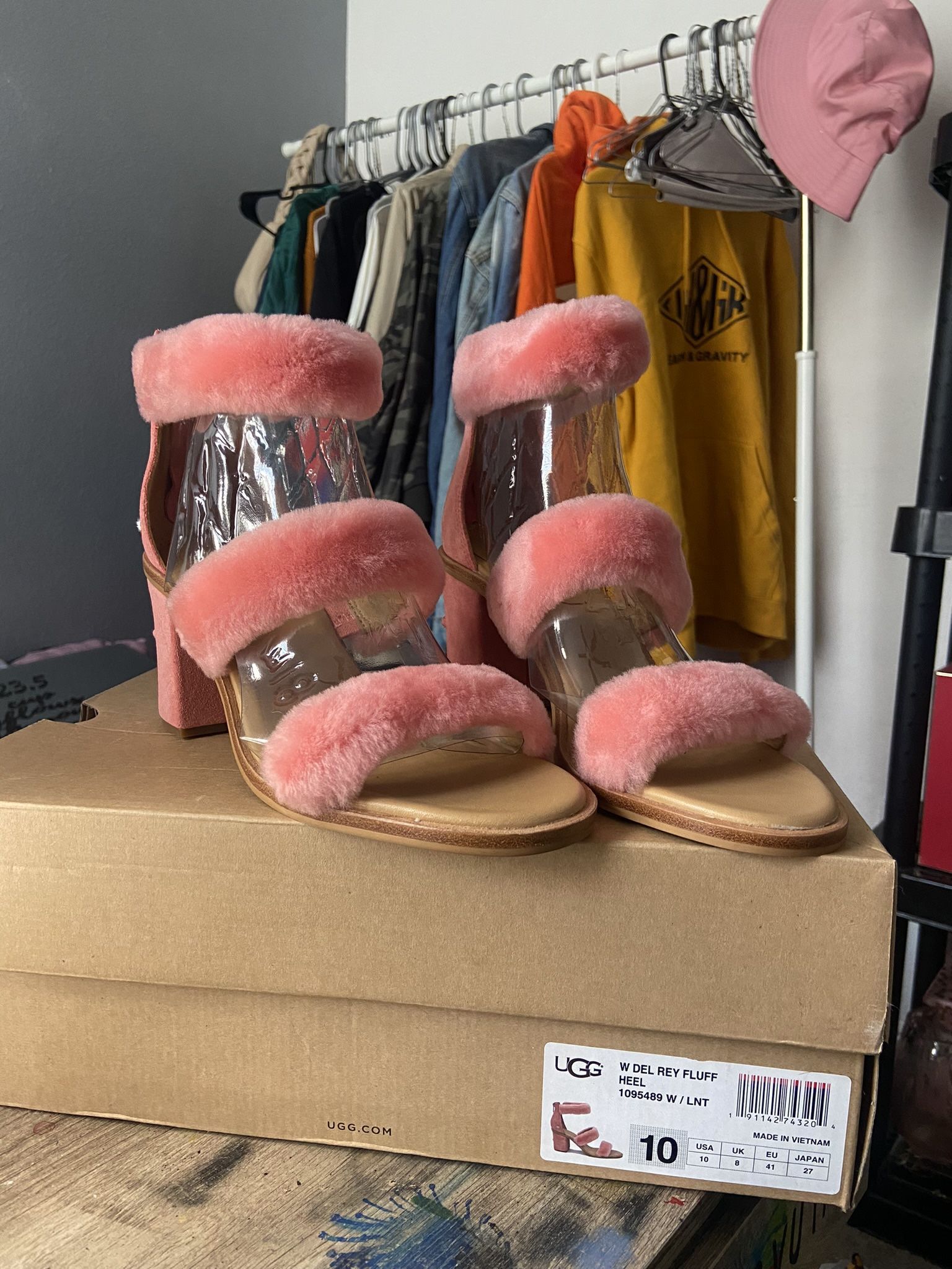 NEW Pink Fluffy Ugh Heels Size 10