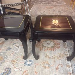 Black and wood side table with gold trim