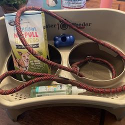 Dog Harness, Leash, Neat Feeder, Toy Gun Ball Shooter 