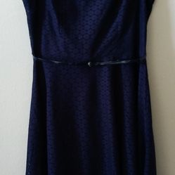 Black Label by Evan Picone Navy Blue Short Sleeve Lace Fit & Flare Dress With Belt