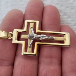 14k Solid Gold Italian Made Crucifix Charm Cross Pendant 2" Large 