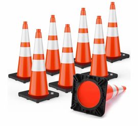 Traffic Cones with Black Weighted Base, PVC Orange Safety Cones for Traffic Control, Construction Events, Driveways, and Parking Lots (8 Pack)