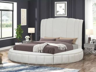 CREAM ROUND QUEEN BED WITH STORAGE AND SPEAKERS