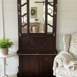 Antique Carved Hall Tree w/ Mirror & Brass Hooks