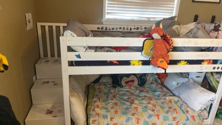White Wood Bunk Bed with Stairs