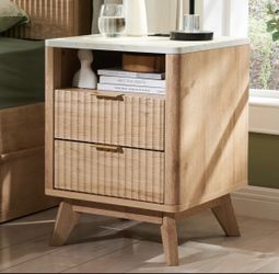 Wood Nightstand with Faux Marble Top and Two Drawers and usb/plug power station (Set of 2)