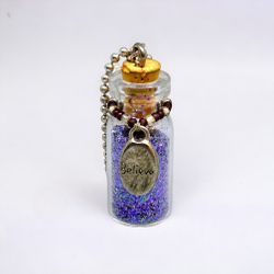 Vintage Purple Glitter Glass Bottle Pendant and Believe Charm Necklace