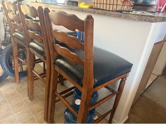 Set of 3 Vintage Wooden Bar Stools - Black Cushions
