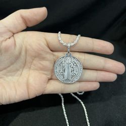 925 Sterling Silver Men Women St Benedict San Benito Medal & Rope Chain