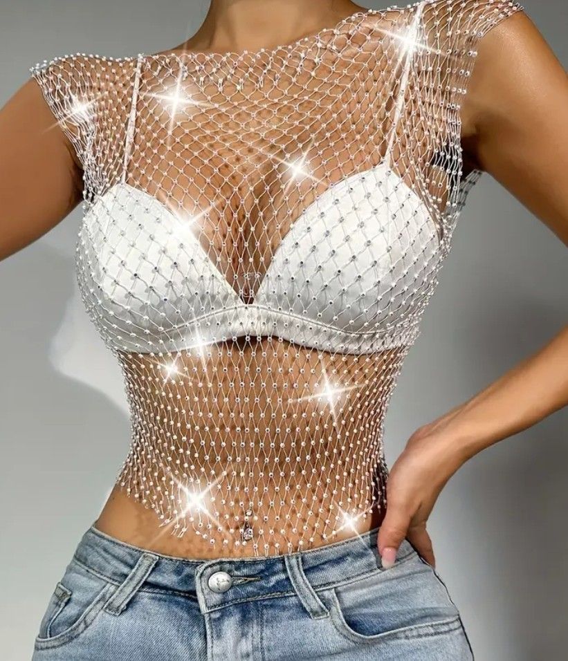 FISHNET WITH RHINESTONE TANK TOPS.