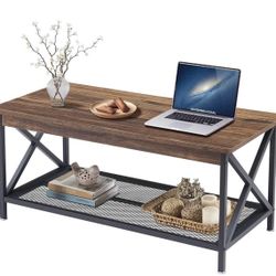 Hivvago - Modern Classic Metal Wood Coffee Table with Bottom Storage Shelf - Brown