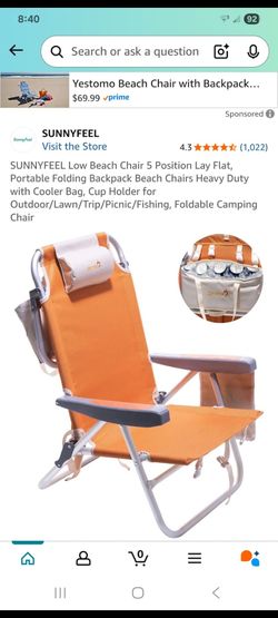 Sunny deal  low beach chair 5 position lay flat heavy duty with cooler bag cup holder new in bag pick up in pomona $45