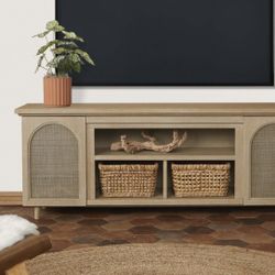 NEW World Market Landon White Oak and Rattan Cane Media Stand retails for 1600