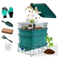 4-Tray 15L Worm Compost Bin for Kitchen Food Waste Green
