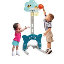 4-in-1 Toddler Basketball Hoop, Adjustable Height Kids Basketball Hoop with Soccer Goal Ring Toss Golf Play Set, Basketball Hoop for Kids Indoor Outdo
