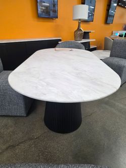 Oval Dining Table | Stone Marble Table Top with Reeded Table Base