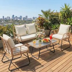 HK Outdoor Wicker Patio Furniture Set 4 Pieces with Soft Cushion and Glass Table Manual Weaving Patio Chairs For Garden Lawn
