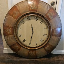 ANTIQUE CLOCK 39 INCH DIAMETER 1940's BRASS INLAY WITH BEAUTIFUL HAND CARVING