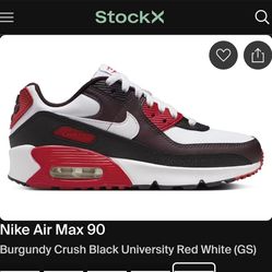 Nike Air Max 90
Burgundy Crush Black University Red White gs
Used
Size 1y