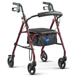 Medline Rollator Walker with Seat, Steel Rolling Walker with 6-inch Wheels Supports up to 350 lbs, Medical Walker, Burgund