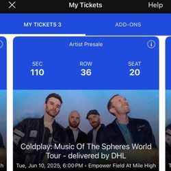 Coldplay Denver 3 Tickets Section 110