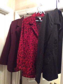 Sag Harbor blazers, Red/black blazer 14 petite; burgundy blazer 14 petite; black blazer 16 petite $4 each