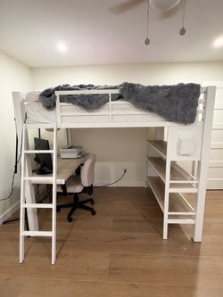 White Loft Bed with Desk and Shelves plus dresser and mirror