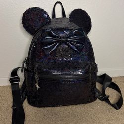 Loungefly LASR Exclusive Disney Celestial Dreams Black Holographic Sequin Minnie Mini Backpack
