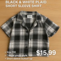 SHEIN Black & White Plaid Short Sleeve Shirt – Size 130 – Casual Youth Style