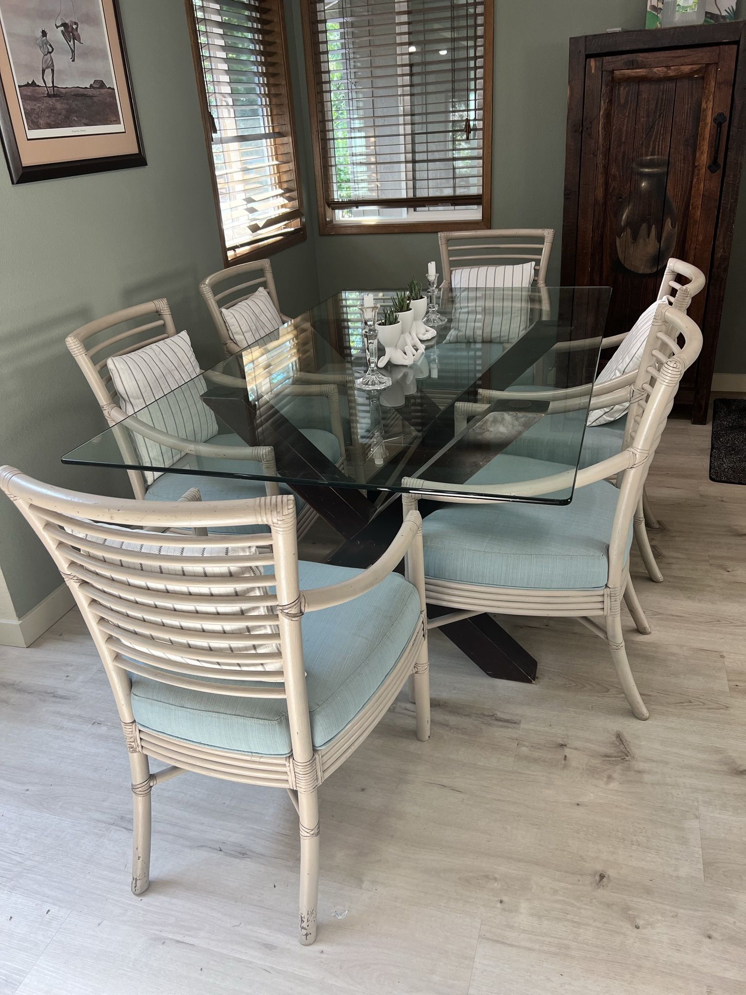 Glass Top Dining Table With Six Upholstered Painted Bamboo Chairs