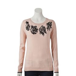 Elle Pink Beaded Rose Long Sleeve Pullover Sweater Womens Size Large $54