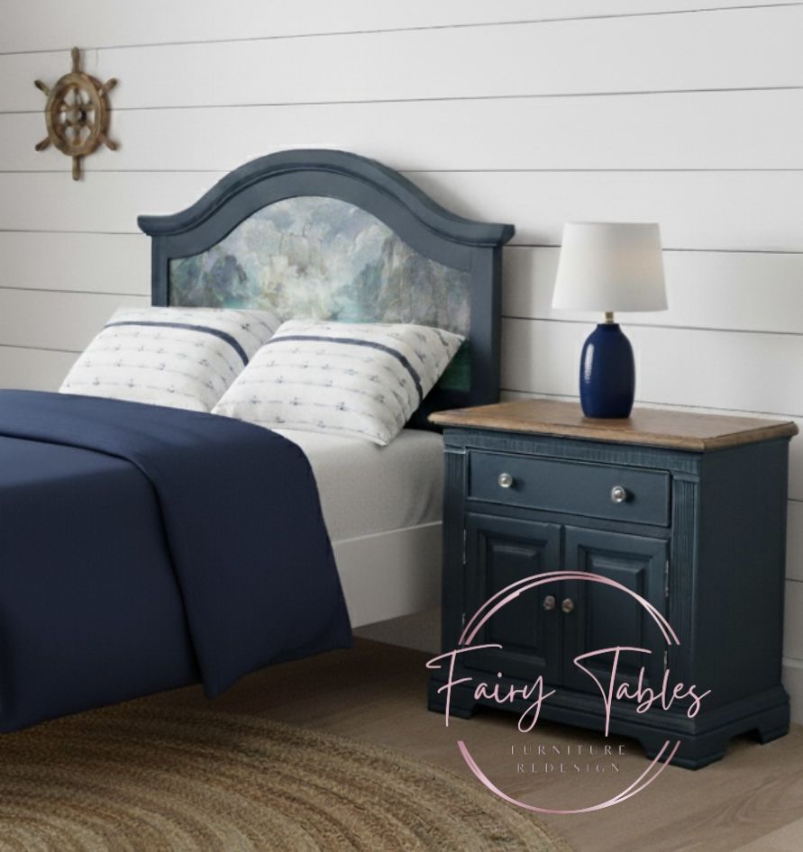 Custom Made Nautical Themed Twin Headboard & Nightstand in a Teal Tinted Navy by Fairy Tables