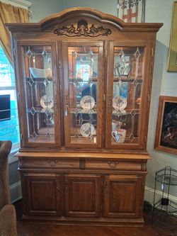 Oak China Cabinet with Leaded Glass Doors