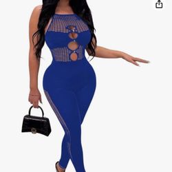 Women's Sexy Mesh Patchwork Bodycon Jumpsuit Summer Club Outfits Royal