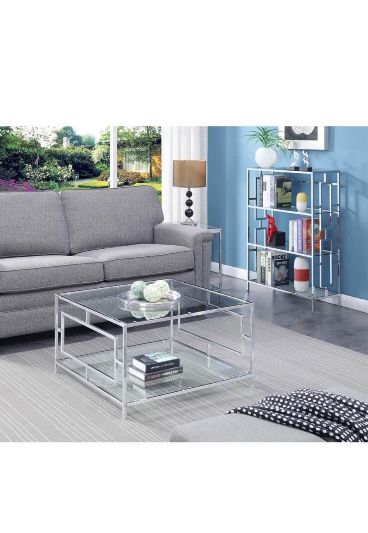 Convenience Concepts Town Square Chrome Square Coffee Table, Clear Glass