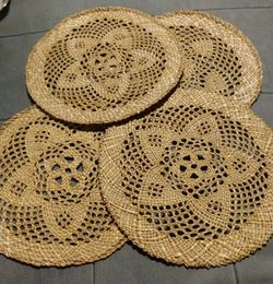 Set of 4 Vintage Boho Hand Woven Seagrass Wicker Placemats Open Weave Lace Pattern