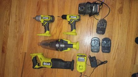 Ryobi ONE+ 18V Cordless 4-Tool Combo Set - Drill, Impact Wrench, Recip Saw, Hand Vac + 3 Batteries & Chargers
